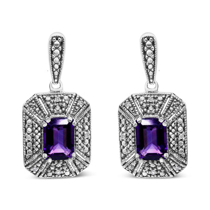 Pendientes de tuerca de plata de ley .925 con detalles de diamante y amatista morada de 7x5 mm (color I-J, claridad I2-I3)