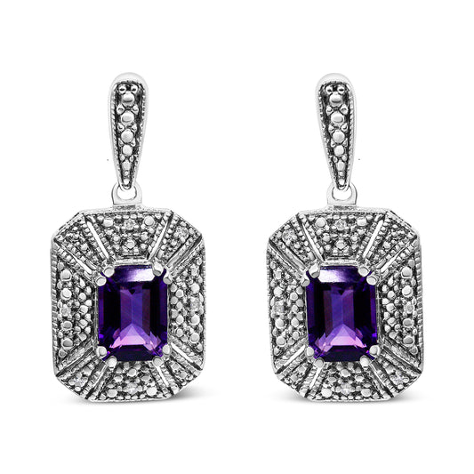 Pendientes de tuerca de plata de ley .925 con detalles de diamante y amatista morada de 7x5 mm (color I-J, claridad I2-I3)