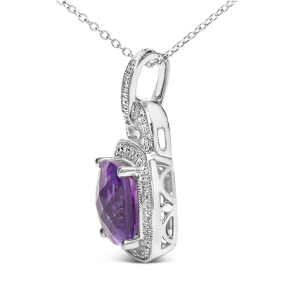 Collar con colgante de plata de ley .925 con amatista morada de talla cojín de 10 x 10 mm y halo con acento de diamante de 18" (color I-J, claridad I1-I2)
