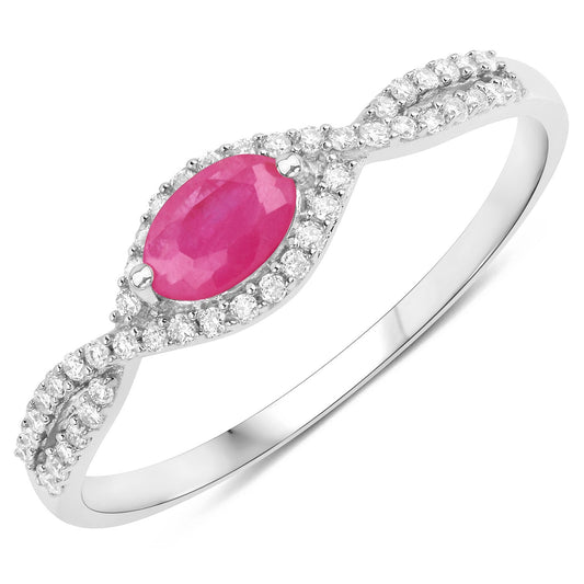 Anillo de oro blanco de 14K con rubí auténtico de 0,40 quilates y diamantes blancos