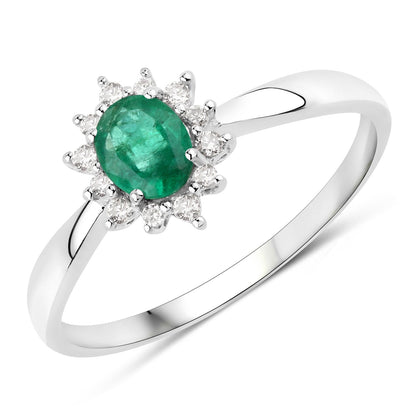 Anillo de oro blanco de 14K con esmeralda zambiana auténtica de 0,40 quilates y diamantes blancos