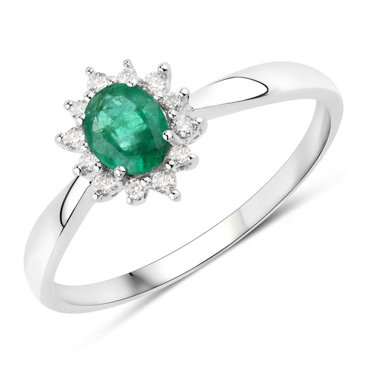 Anillo de oro blanco de 14K con esmeralda zambiana auténtica de 0,40 quilates y diamantes blancos