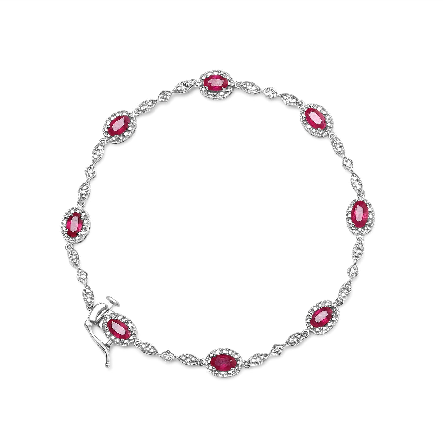 Pulsera de eslabones de rubí ovalado y diamantes de oro blanco de 10K de 4.5mm x 3mm (Color H-I, Claridad SI1-SI2) - Tamaño 7"