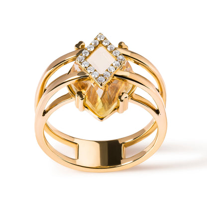 Anillo de cóctel llamativo de oro amarillo de 14 quilates de 15x15 MM con topacio amarillo talla marquesa y detalles de diamantes (color G-H, claridad SI1-SI2)