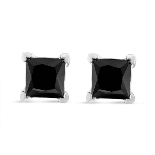 Pendientes de tuerca clásicos de plata de ley 925 con diamantes negros de corte princesa de 4,00 quilates y 4 puntas, con cierre de rosca.