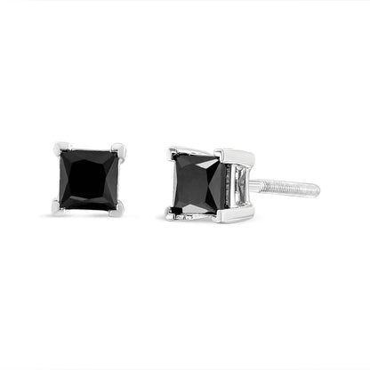 Pendientes de tuerca clásicos de plata de ley 925 con diamantes negros de corte princesa de 4,00 quilates y 4 puntas, con cierre de rosca.