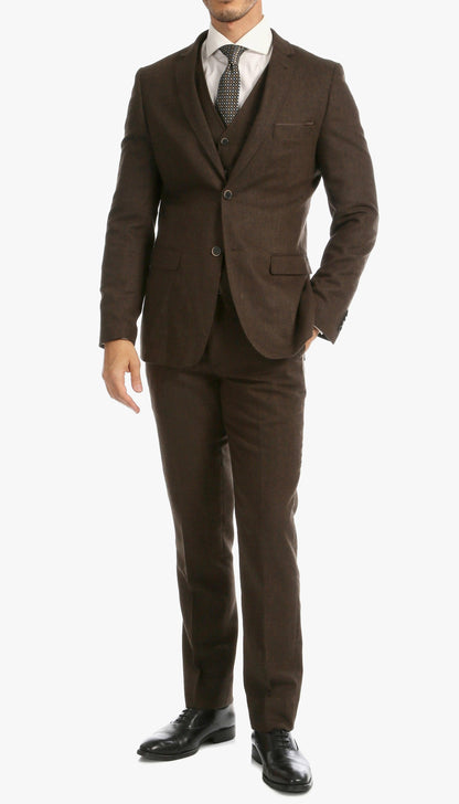 Bradford Cognac Slim Fit 3 Piece Tweed Suit Notch.