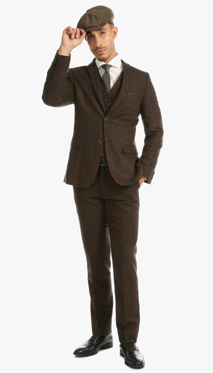Bradford Cognac Slim Fit 3 Piece Tweed Suit Notch.