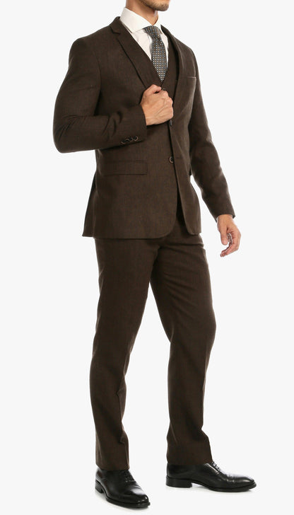 Bradford Cognac Slim Fit 3 Piece Tweed Suit Notch.