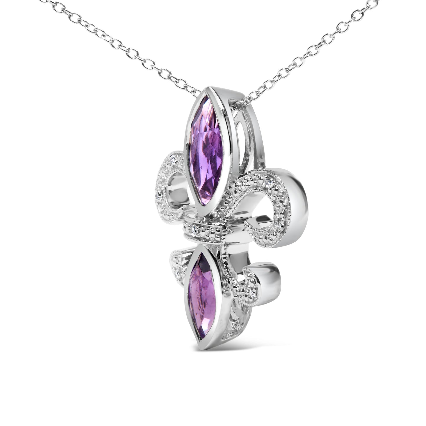 Collar con colgante de flor de lis de amatista morada marquesa y acento de diamante de plata de ley .925 (Color H-I, Claridad SI1-SI2) - Tamaño 18"
