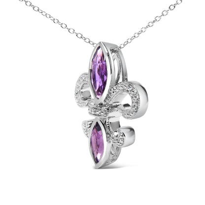 Collar con colgante de flor de lis de amatista morada marquesa y acento de diamante de plata de ley .925 (Color H-I, Claridad SI1-SI2) - Tamaño 18"