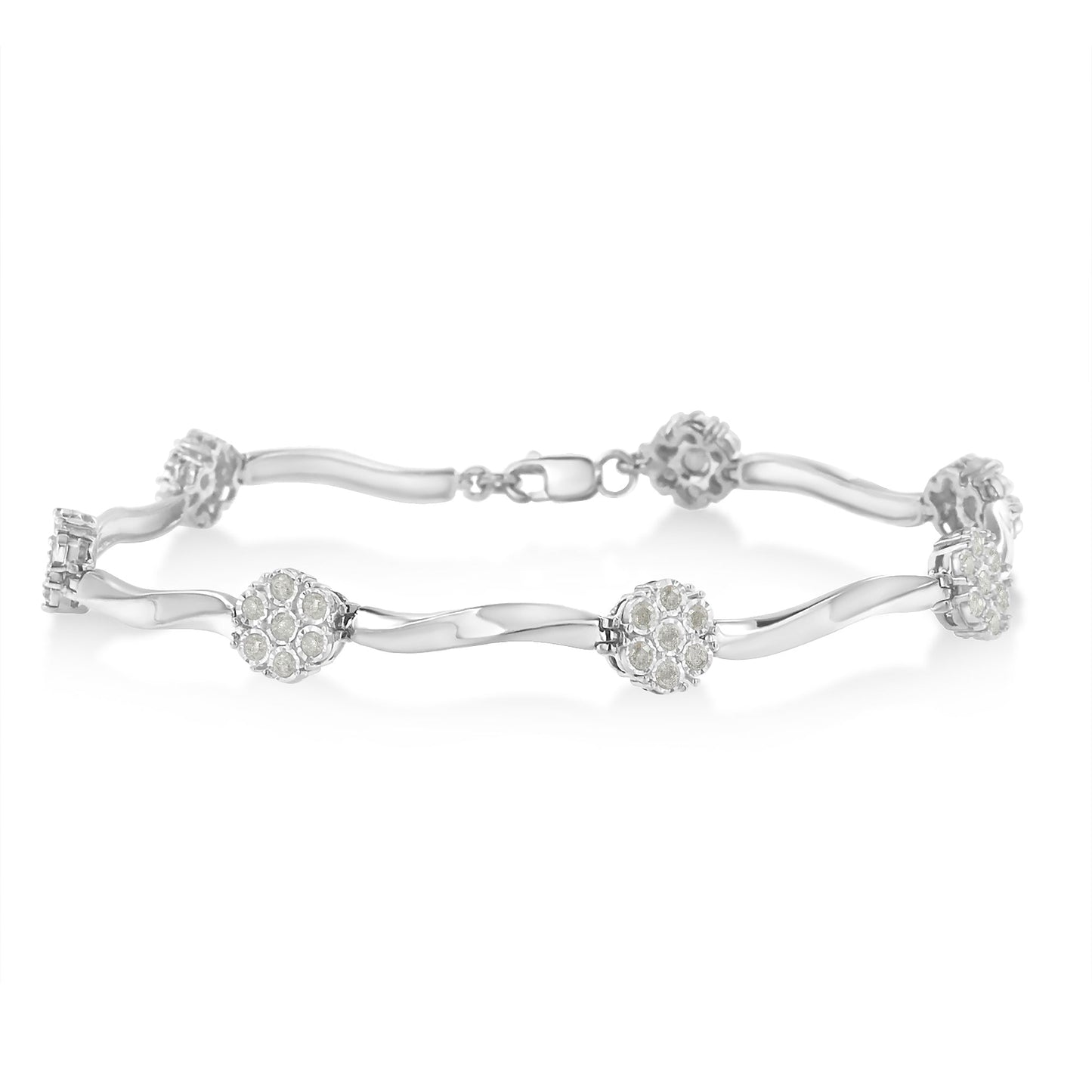 Pulsera de tenis de plata esterlina .925 con diseño de estación de diamantes en racimo de 1,0 Cttw con engaste milagroso y barra trenzada de 17,78 cm (color H-I, claridad I1-I2)