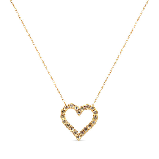 Collar con colgante de corazón de placa milagro de diamante color champán de 1/2 quilate, de plata de ley .925 con baño de oro amarillo de 10 quilates (Color K-L, Claridad I1-I2) - 18"