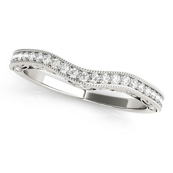 Anillo de boda curvo con diamantes engastados en pavé y milgrain de oro blanco de 14k (1/5 qt)