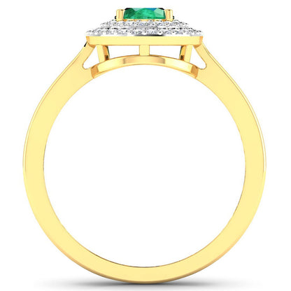 Anillo de oro amarillo de 14 quilates con esmeralda zambiana auténtica de 0,88 quilates y diamante blanco