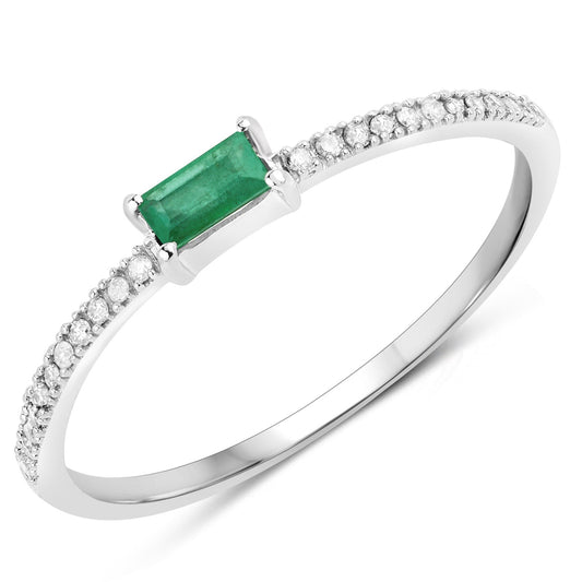 Anillo de oro blanco de 14K con esmeralda zambiana auténtica de 0,18 quilates y diamantes blancos