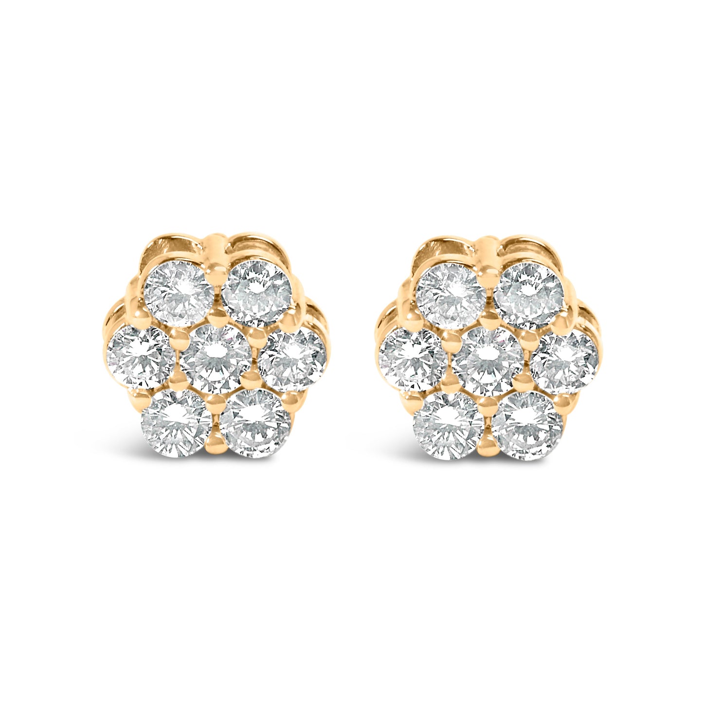Pendientes de botón de oro amarillo de 14 quilates con grupo floral de 7 diamantes de talla redonda brillante de 3/4 Cttw con cierres de rosca (color I-J, claridad SI2-I1)