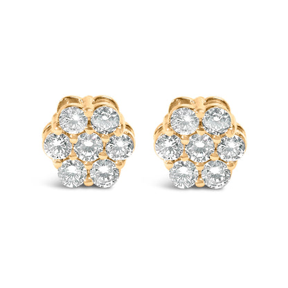 Pendientes de botón de oro amarillo de 14 quilates con grupo floral de 7 diamantes de talla redonda brillante de 3/4 Cttw con cierres de rosca (color I-J, claridad SI2-I1)