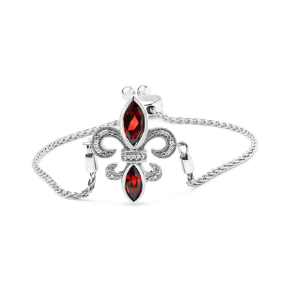 Pulsera bolo ajustable de plata de ley .925 con granate marquesa y acentos de diamante de 4 a 10 pulgadas con diseño de flor de lis (color H-I, claridad SI1-SI2)