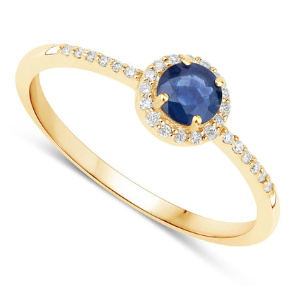 Anillo de oro amarillo de 14 quilates con zafiro azul genuino de 0,38 quilates y diamantes blancos
