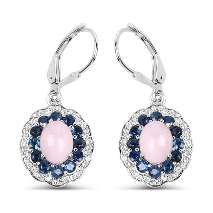 Pendientes de plata de ley .925 con ópalo auténtico de 4.00 quilates, zafiro rosa, azul y topacio blanco