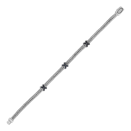 Pulsera de cuerda trenzada con detalles de zafiro negro en plata esterlina