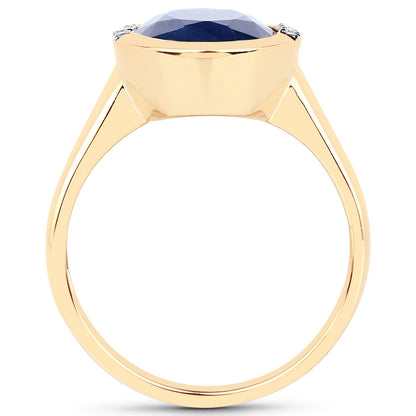 Anillo de oro amarillo de 14 quilates con zafiro azul auténtico de 4,85 quilates y diamantes blancos