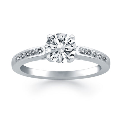 Anillo de compromiso tipo catedral con diamantes y engaste de canal de oro blanco de 14k