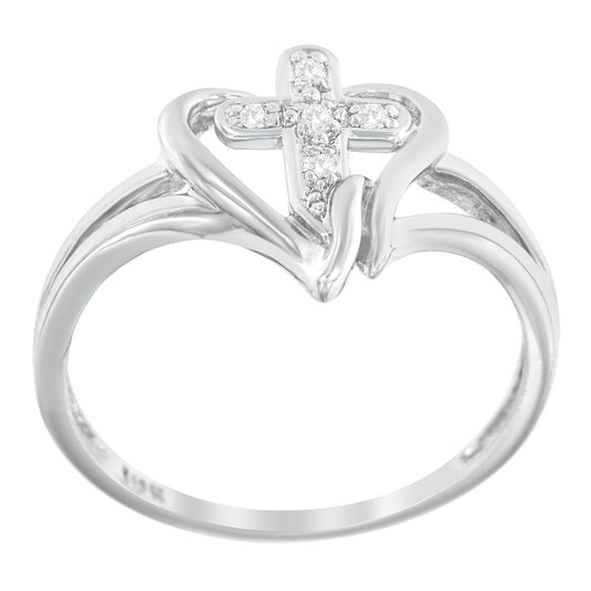 Anillo de moda de oro blanco de 10 quilates con forma de cruz y corazón abierto con diamantes (color H-I, claridad I1-I2) - Talla 7