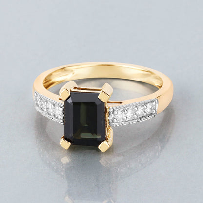 Anillo de oro amarillo de 14K con turmalina verde genuina de 1,91 quilates y diamante blanco