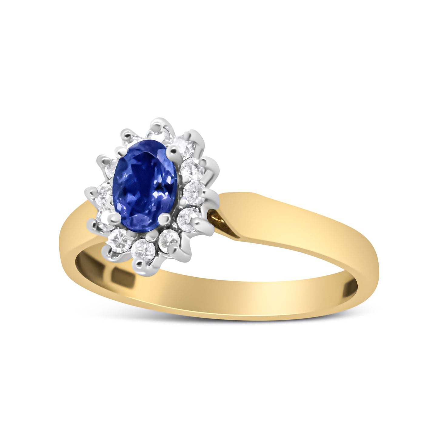Anillo de Halo de Oro Amarillo de 14K con Diamantes Redondos de 1/5 Cttw y Tanzanita Azul Ovalada de 6x4mm (Color H-I, Claridad I1-I2) - Talla 7.75
