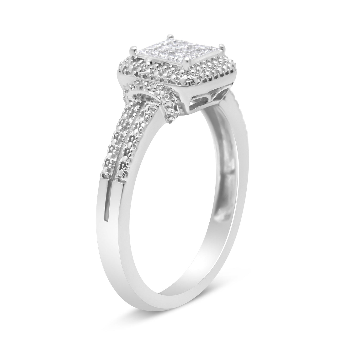 Anillo de plata de ley .925 con diamante de talla princesa de 1/4 Cttw y halo de cuentas (color H-I, claridad SI1-SI2) - Talla 7