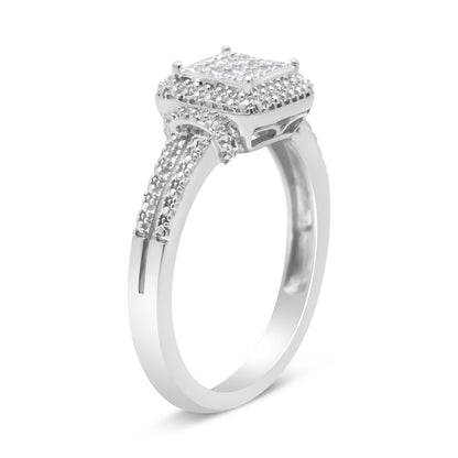 Anillo de plata de ley .925 con diamante de talla princesa de 1/4 Cttw y halo de cuentas (color H-I, claridad SI1-SI2) - Talla 7