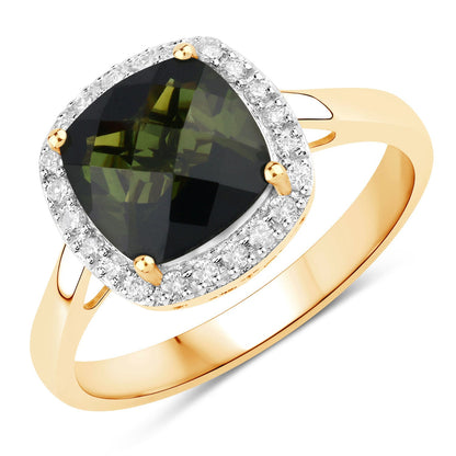 Anillo de 14K Oro Amarillo con Turmalina Verde Genuina de 2.64 Quilates y Diamantes Blancos