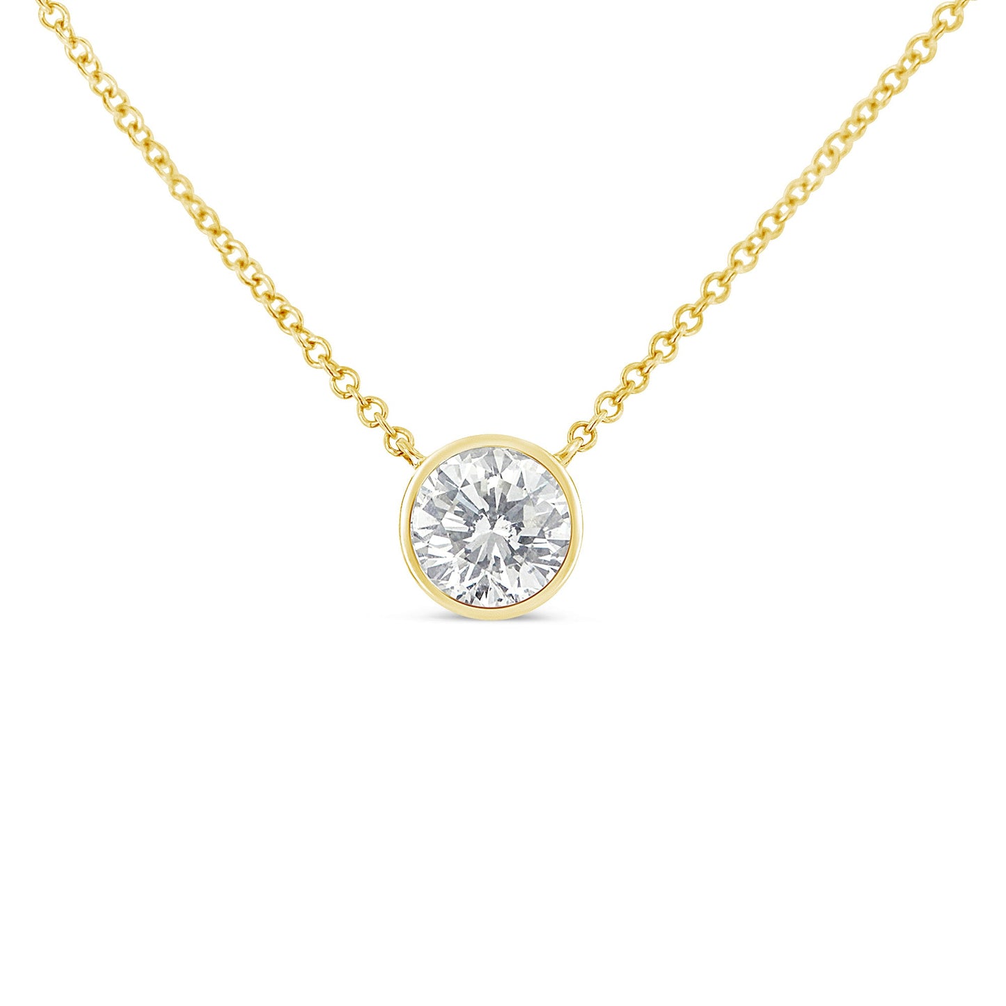 Collar con colgante solitario moderno de bisel engastado de diamante redondo brillante de 1/3 quilates en oro amarillo de 10K, 16"-18" (color H-I, claridad SI2-I1)