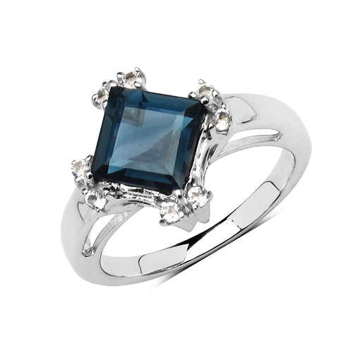 Anillo de plata de ley .925 con topacio azul de Londres genuino y topacio blanco de 1,99 quilates