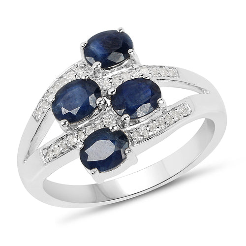 Anillo de Plata de Ley .925 con Zafiro Azul Genuino de 1.61 Quilates y Diamantes Blancos