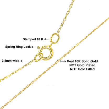 Cadena de soga unisex de oro amarillo macizo de 10K de 0,5mm, delgada y delicada, de 18 pulgadas
