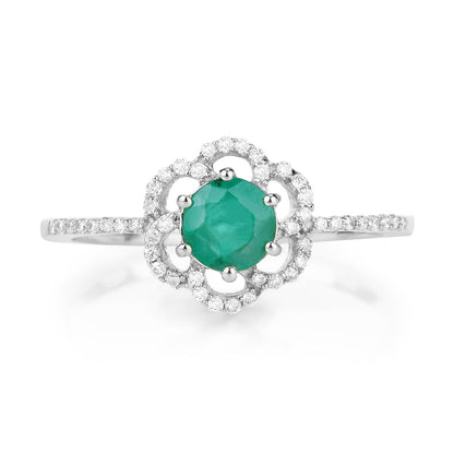 Anillo de oro blanco de 14K con esmeralda zambiana auténtica de 0,55 quilates y diamantes blancos