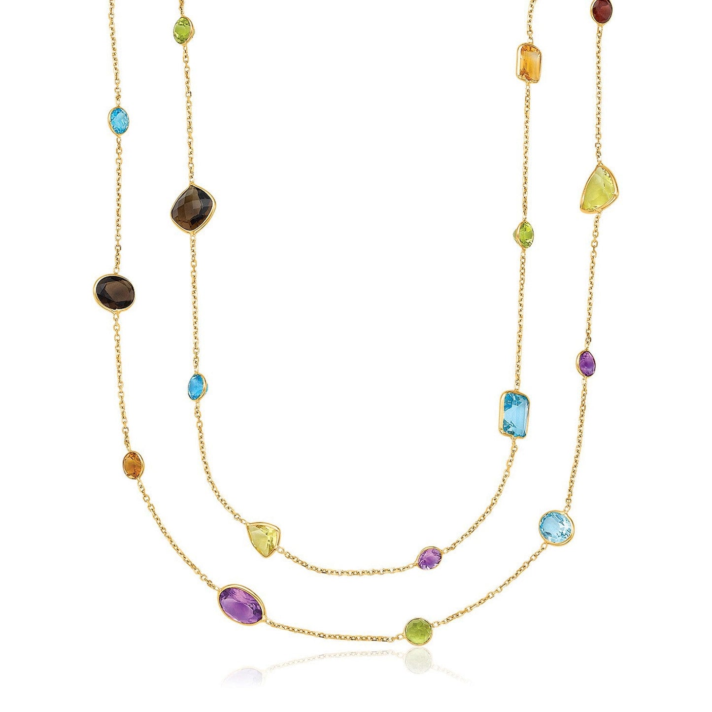 Collar de oro amarillo de 14 quilates de doble capa con varias gemas