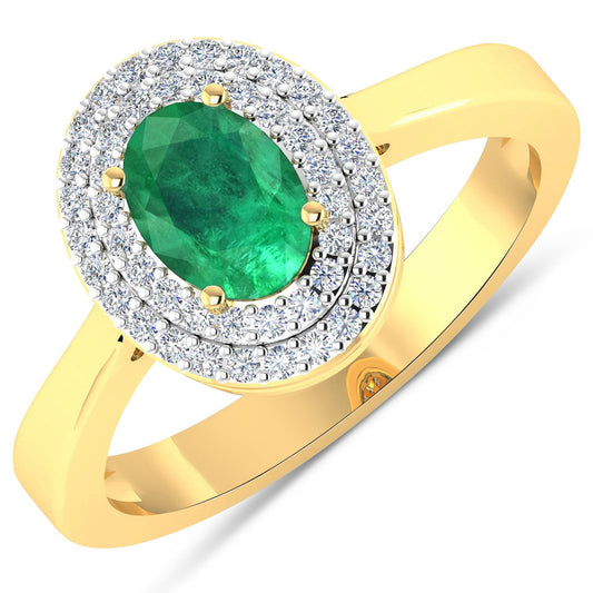 Anillo de oro amarillo de 14 quilates con esmeralda zambiana auténtica de 0,88 quilates y diamante blanco