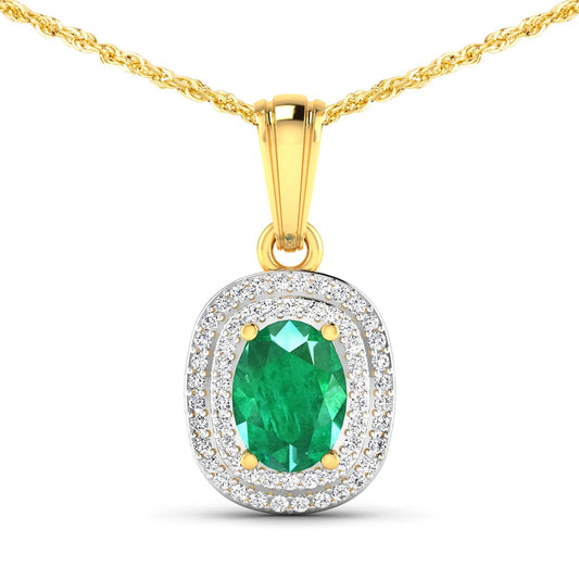 Colgante de oro amarillo de 14 quilates con esmeralda zambiana auténtica de 1,50 quilates y diamantes blancos