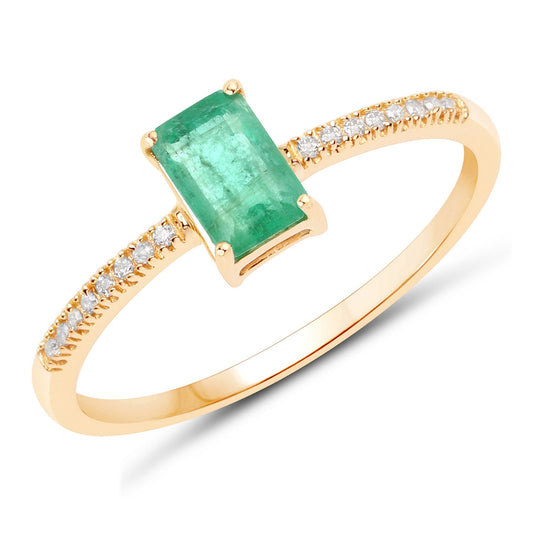 Anillo de oro amarillo de 14 quilates con esmeralda zambiana auténtica de 0,59 quilates y diamantes blancos
