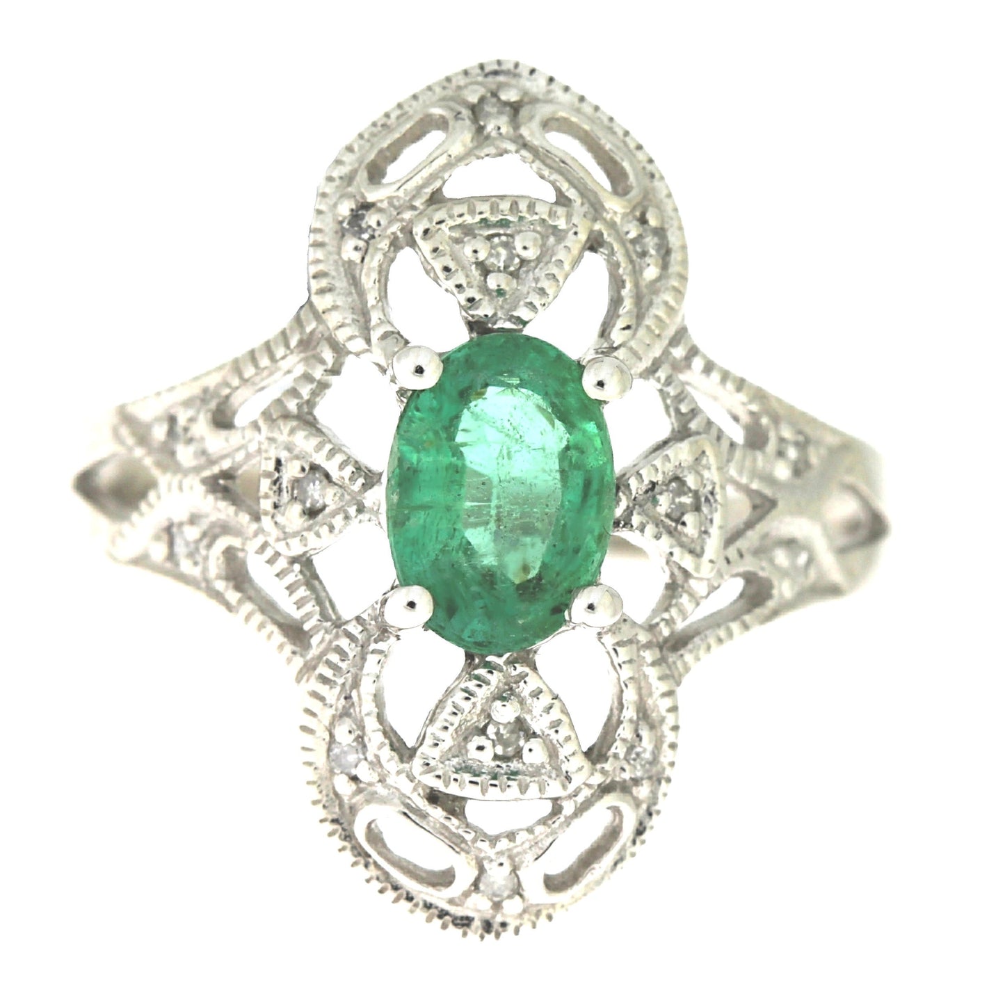Anillo de oro blanco de 10 qt con diamante y esmeralda de 0,70 ct