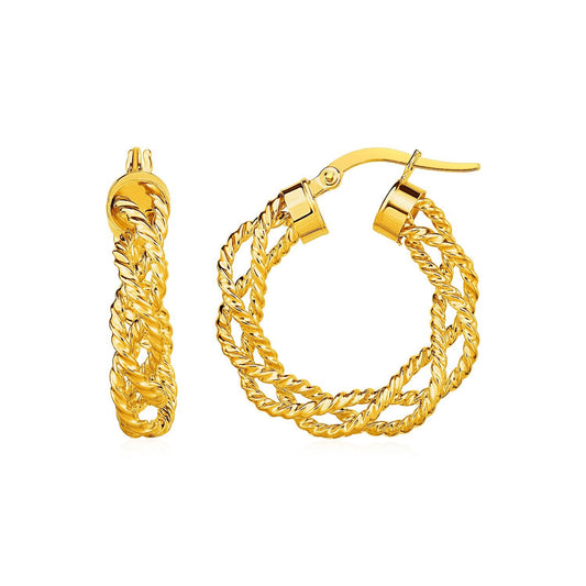 Aretes trenzados texturizados de aro en oro amarillo de 14k