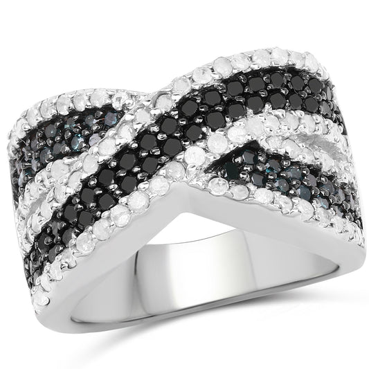 Anillo de plata de ley .925 con diamante azul, blanco y negro auténtico de 1,57 quilates