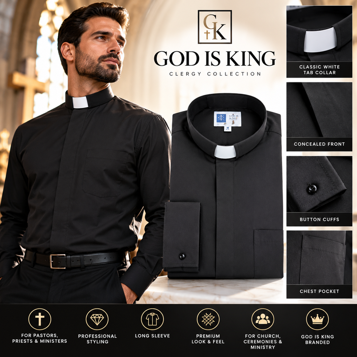 Men's Clergy Shirt with Tab Collar – Black or White, S to 7XL
