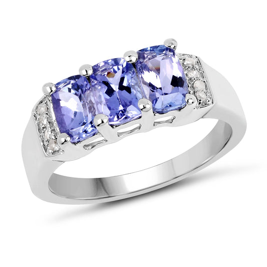 Anillo de plata de ley .925 con tanzanita auténtica de 1,63 quilates y diamantes blancos