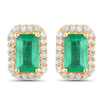 Pendientes de oro amarillo de 14 quilates con esmeraldas auténticas de Zambia de 0,91 quilates y diamantes blancos