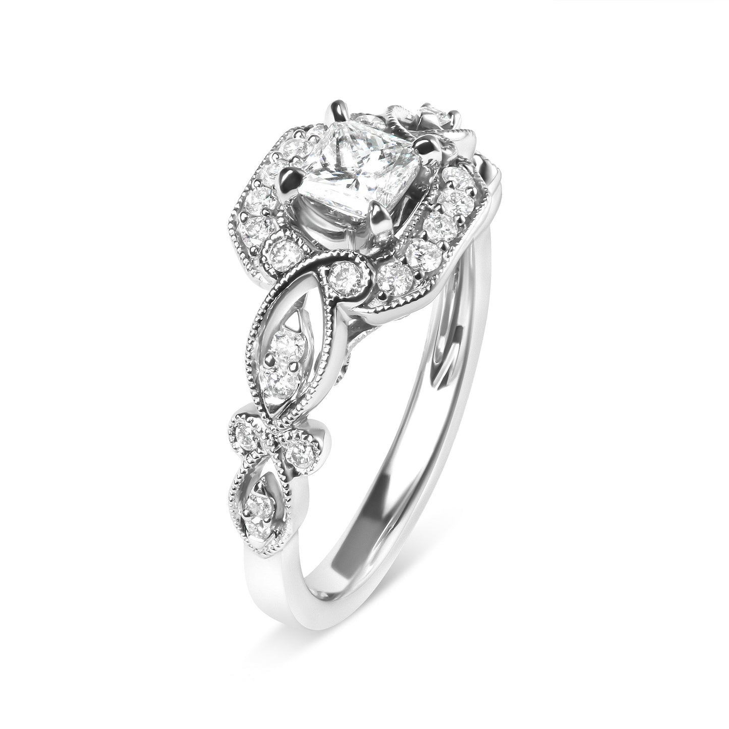 Anillo de compromiso de oro blanco de 14 quilates con diamantes de 3/4 Cttw, estilo halo y vástago tejido (color G-H, claridad VS2-SI1) - Talla 7